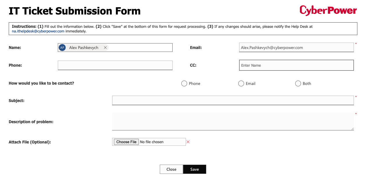 IT Ticket Submission form