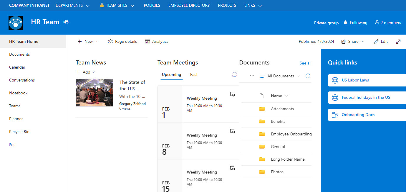 HR Team SharePoint intranet dashboard