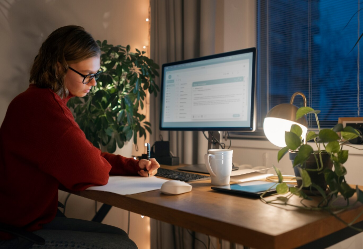 Woman working at home office desk