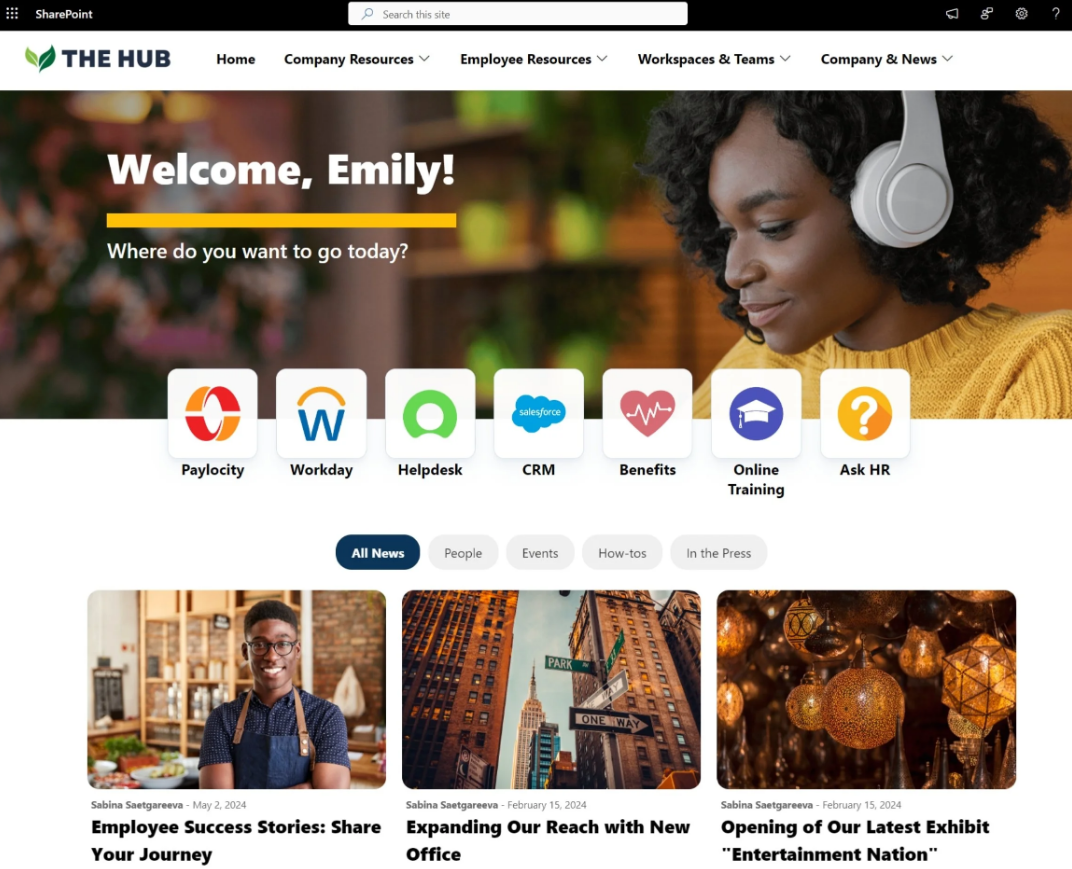 The Hub SharePoint intranet homepage