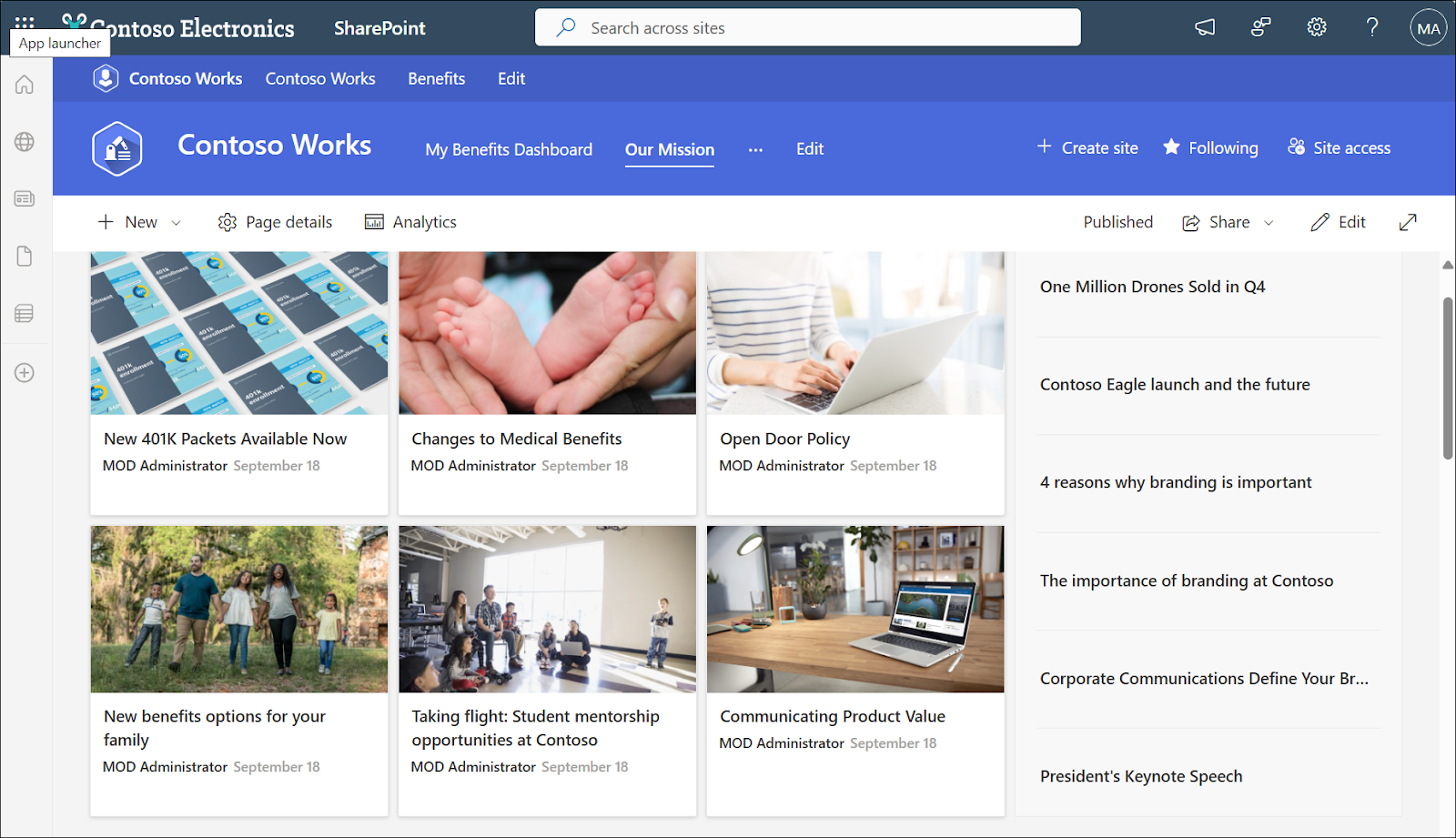 Contoso Works SharePoint intranet news feed