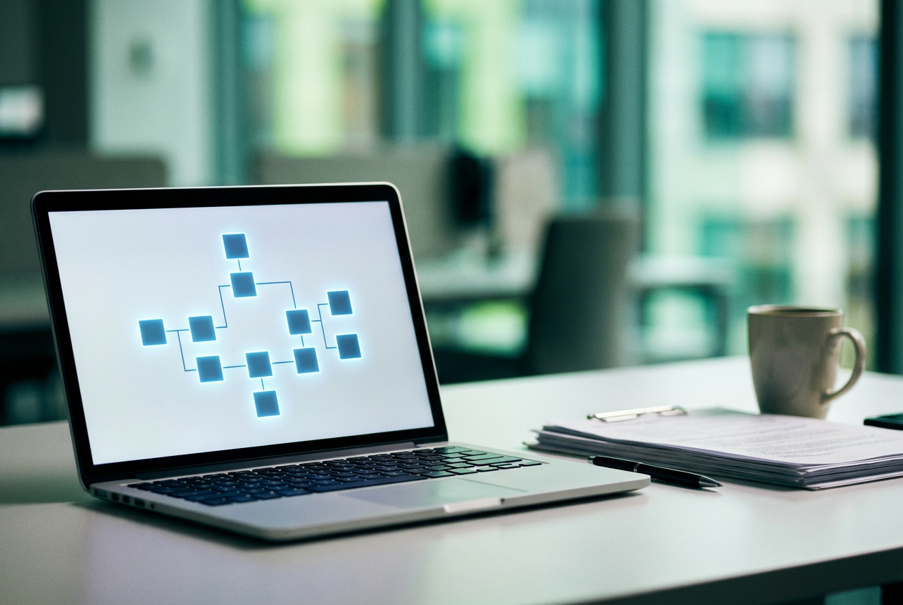 How to create a SharePoint site step-by-step guide, showing flowchart diagram on a laptop screen