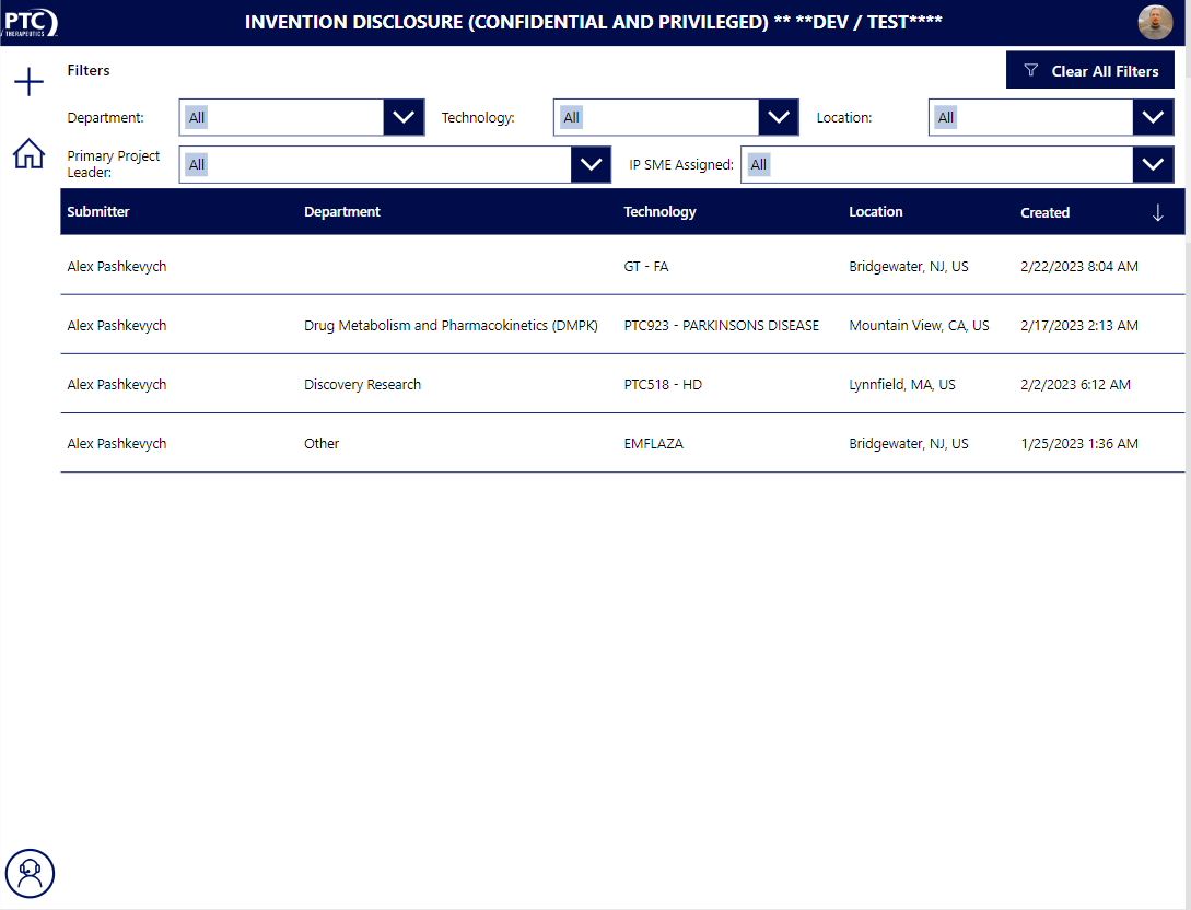 Invention Disclosure application interface and Dashboard