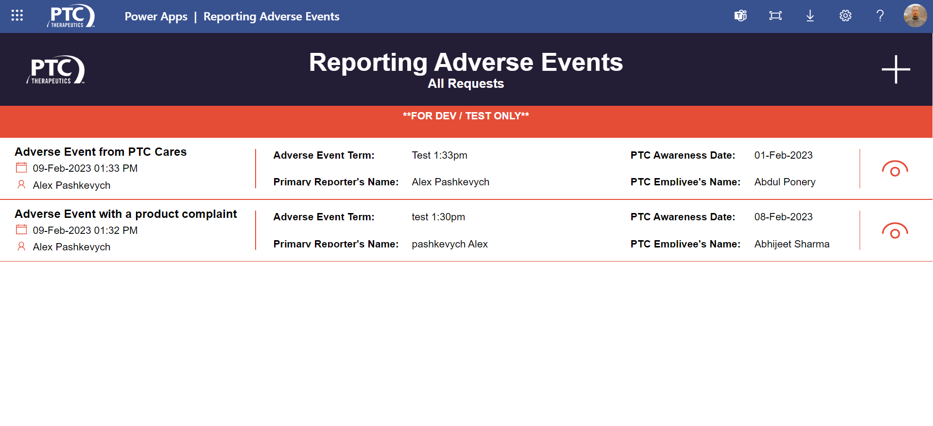Adverse events form and dashboard