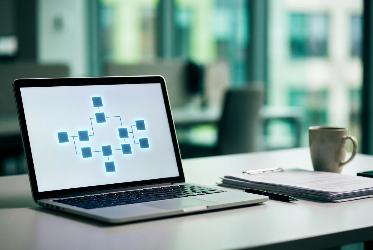 How to create a SharePoint site step-by-step guide, showing flowchart diagram on a laptop screen